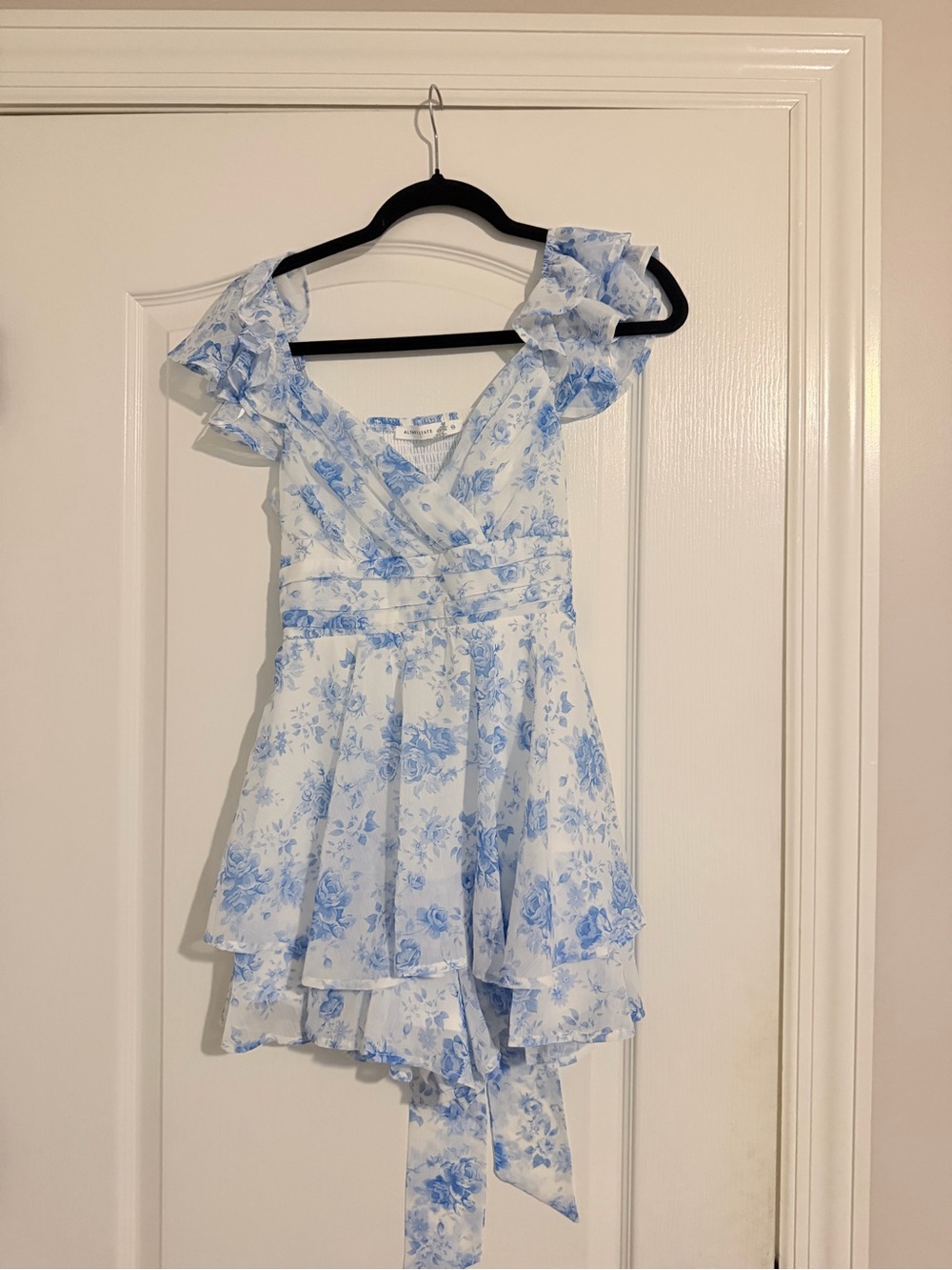 Altar'd State White and Light Blue Floral Ruffle Dress